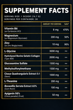 A black and white supplement facts label showing a list of ingredients and daily value percentages, including Vitamin B6, Magnesium, Zinc, L-Glycine, Hydrolyzed Bovine Gelatin Collagen, Glucosamine Sulfate, Methylsulfonylmethane, Cissus Quadrangularis Extract, L-Theanine, Bosswellia Serrata Extract, and Apigenin 98%.